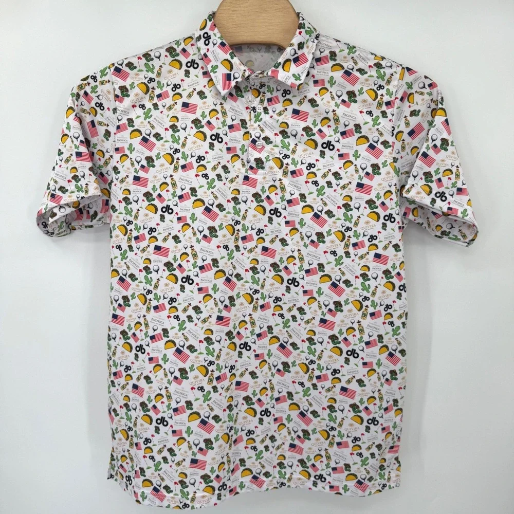 Wags 2 Riches Polo Shirt Men L White Multi Taco Cactus Golf Print Performance